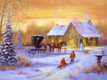 雪 Painting - 馬と犬と雪が降る子供たちを乗せたクリスマス馬車